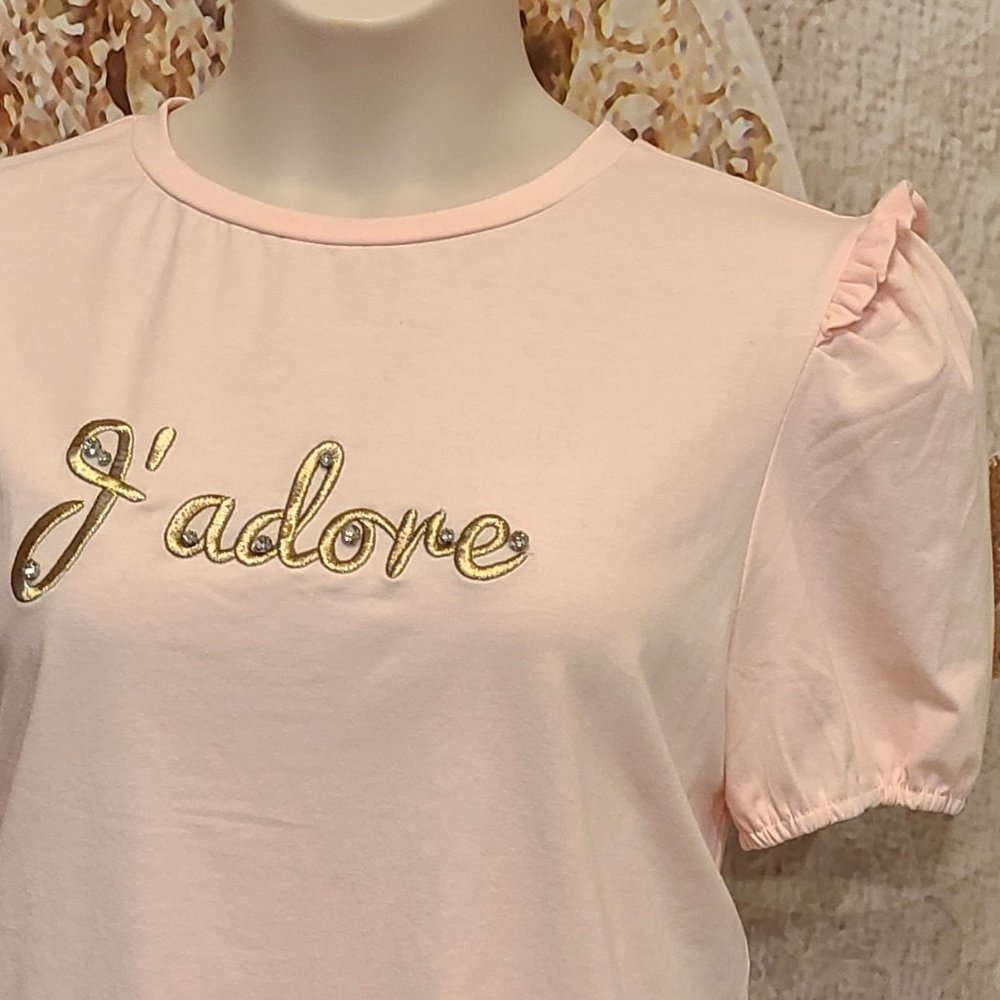 Ontwelfth j'adore pink shirt gold embroidery cotton jersey puff ruffle sleeve XL